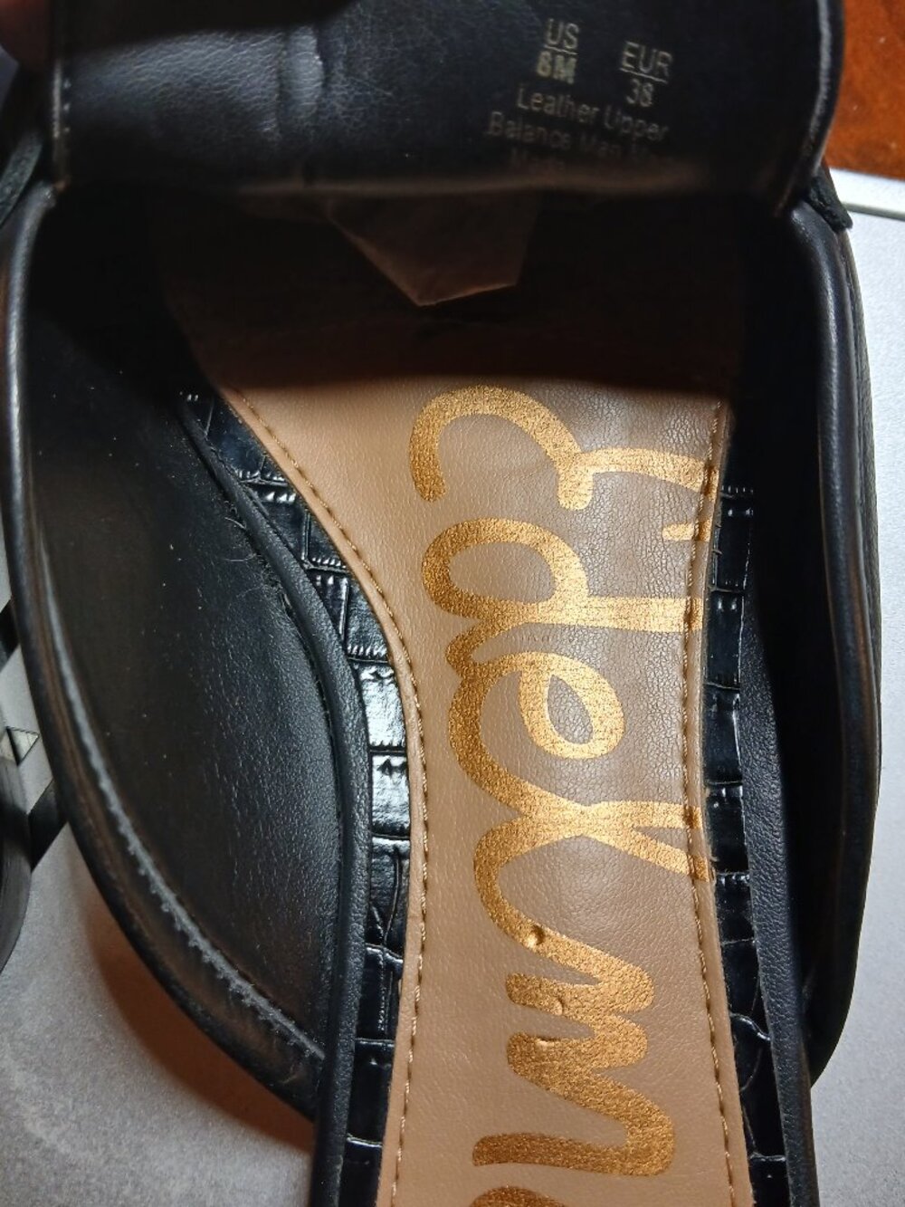 SAM EDELMAN Black Leather Mules Gold Bar & Chain 8M- like new. - Picture 9 of 10
